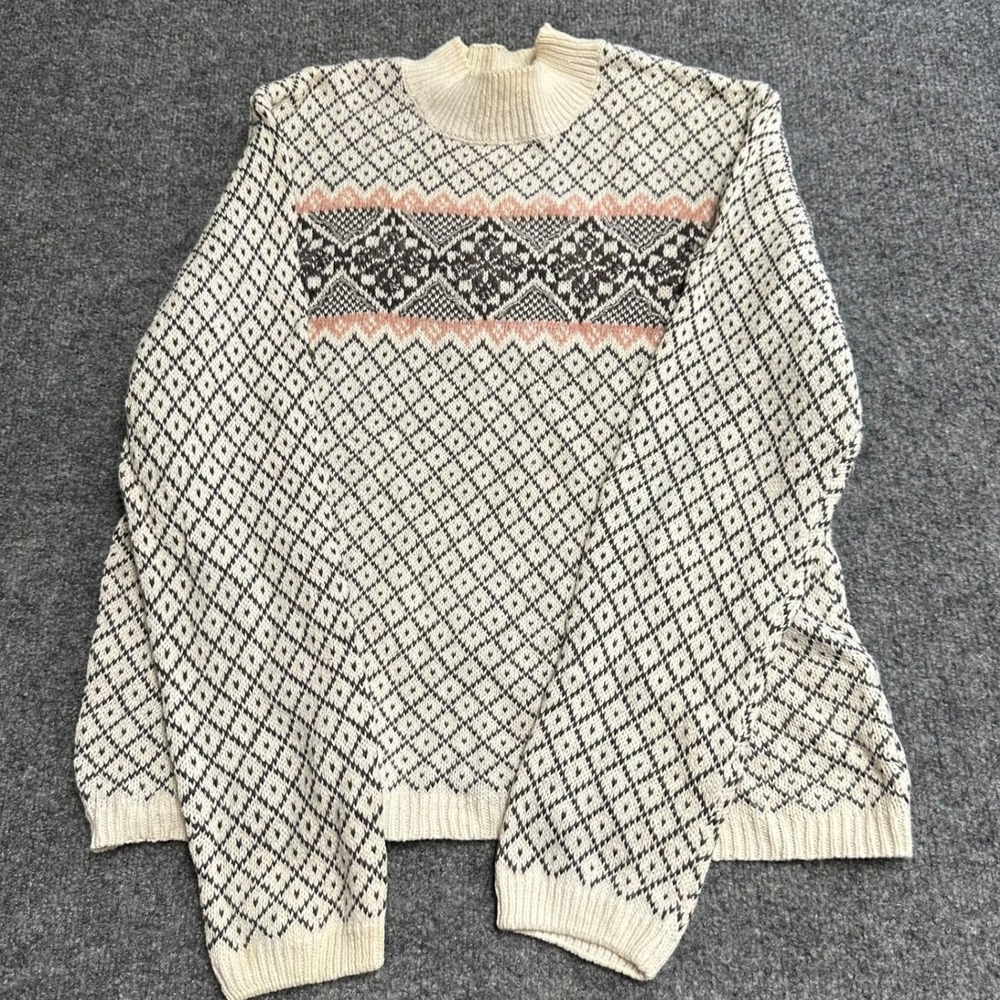 Norton Studio Sweater Womens Size L Cream Black Geometric Fair Isle Mock Neck